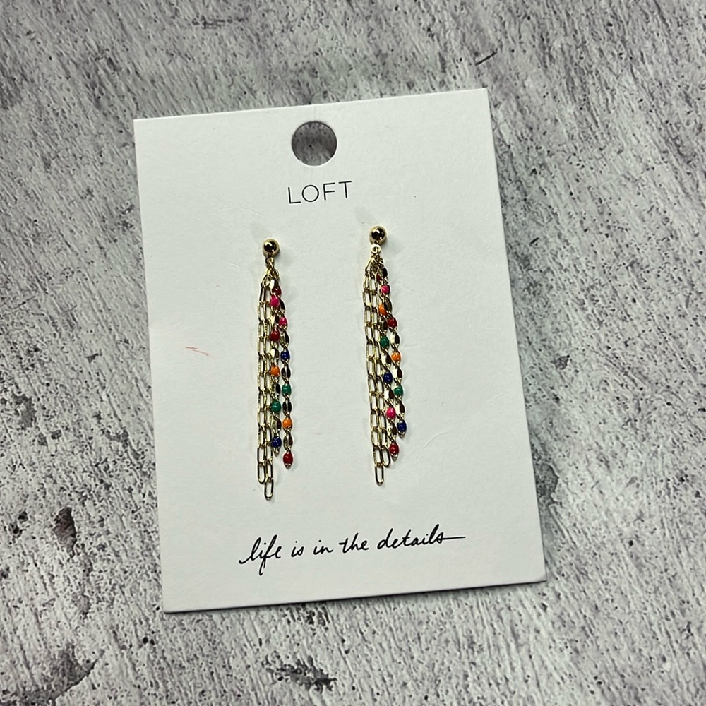 NWT LOFT Gold Colorful Enamel Dot Linear Fringe Earrings